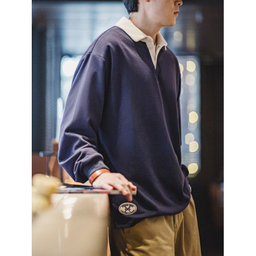 馬登工裝 美式復古針織撞色polo衫衛衣學院風紅色翻領長袖T恤男秋