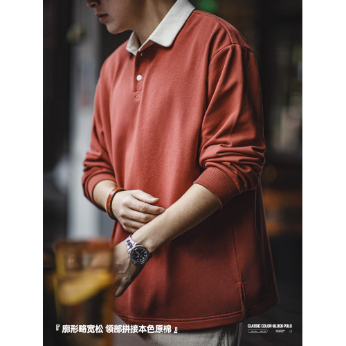 馬登工裝 美式復古針織撞色polo衫衛衣學院風紅色翻領長袖T恤男秋