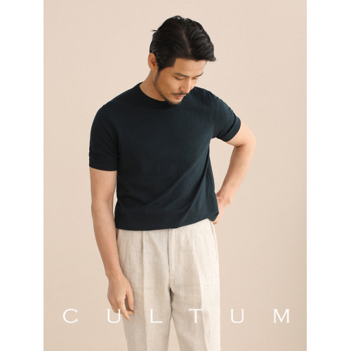 CULTUM夏季薄款透氣百搭圓領短袖針織T恤衫男純色簡約基礎打底衫