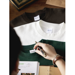 BGYO 美式重磅休閒短袖T恤男女寬松305G墨綠色圓領開叉落肩袖TEE