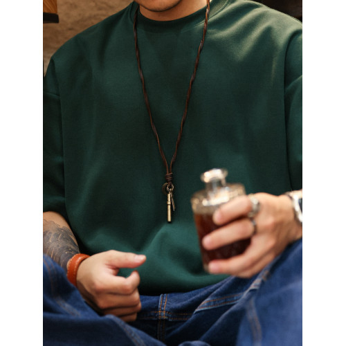 BGYO 美式重磅休閒短袖T恤男女寬松305G墨綠色圓領開叉落肩袖TEE