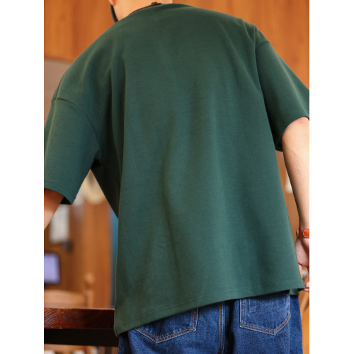 BGYO 美式重磅休閒短袖T恤男女寬松305G墨綠色圓領開叉落肩袖TEE