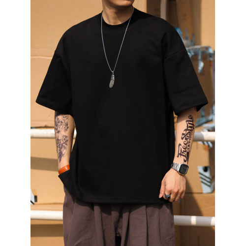 BGYO 300G重磅小領口短袖T恤男寬松落肩袖純色日系簡約五分袖打底