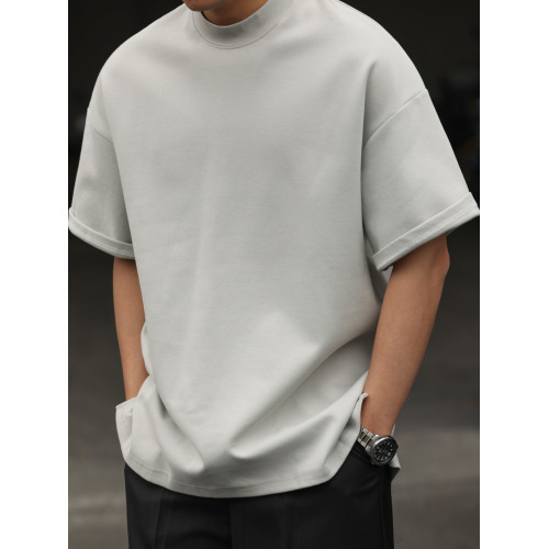 BGYO 300G重磅小領口短袖T恤男寬松落肩袖純色日系簡約五分袖打底