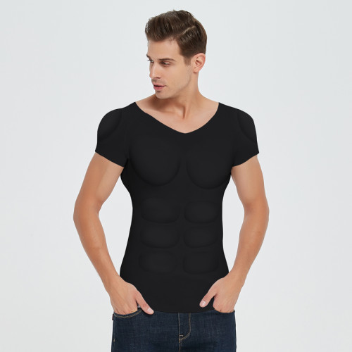 仿真隱形肌肉衣男裝假胸肌衣服腹肌t恤內衣打底衫背心塑形肩墊COS