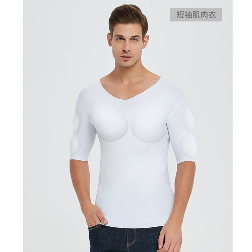 仿真隱形肌肉衣男裝假胸肌衣服腹肌t恤內衣打底衫背心塑形肩墊COS