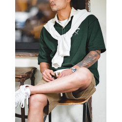 馬登工裝 美式復古撞色polo衫墨綠色短袖重磅痞帥翻領半袖T恤男夏