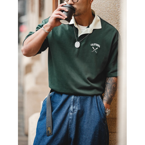 馬登工裝 美式復古撞色polo衫墨綠色短袖重磅痞帥翻領半袖T恤男夏 馬登工裝 美式復古撞色polo衫墨綠色短袖重磅痞帥翻領半袖T恤男夏