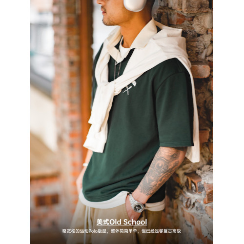 馬登工裝 美式復古撞色polo衫墨綠色短袖重磅痞帥翻領半袖T恤男夏 馬登工裝 美式復古撞色polo衫墨綠色短袖重磅痞帥翻領半袖T恤男夏