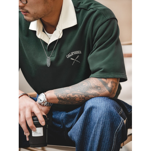 馬登工裝 美式復古撞色polo衫墨綠色短袖重磅痞帥翻領半袖T恤男夏 馬登工裝 美式復古撞色polo衫墨綠色短袖重磅痞帥翻領半袖T恤男夏