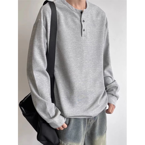 美式亨利領長袖t恤體恤衫男春秋季華夫格寬松休閒內搭打底衫上衣