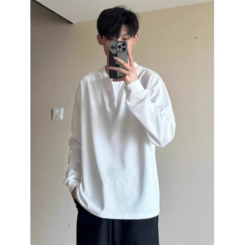 美式亨利領長袖t恤體恤衫男春秋季華夫格寬松休閒內搭打底衫上衣