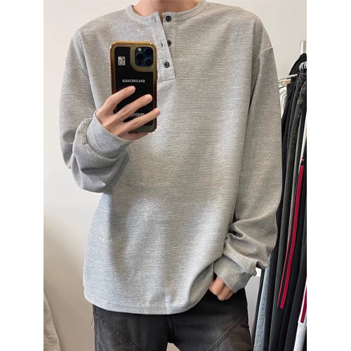 美式亨利領長袖t恤體恤衫男春秋季華夫格寬松休閒內搭打底衫上衣