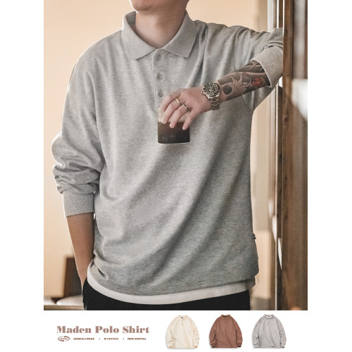 馬登工裝 美式復古基礎款長袖polo衫純色寬松百搭打底翻領T恤男秋 馬登工裝 美式復古基礎款長袖polo衫純色寬松百搭打底翻領T恤男秋