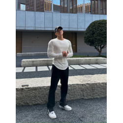 美式健身螺紋速乾t恤男弧形下擺開叉修身長袖體育訓練打底運動衫