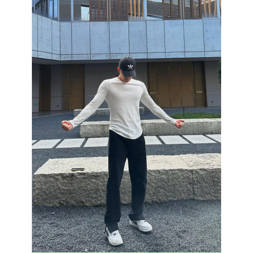 美式健身螺紋速乾t恤男弧形下擺開叉修身長袖體育訓練打底運動衫