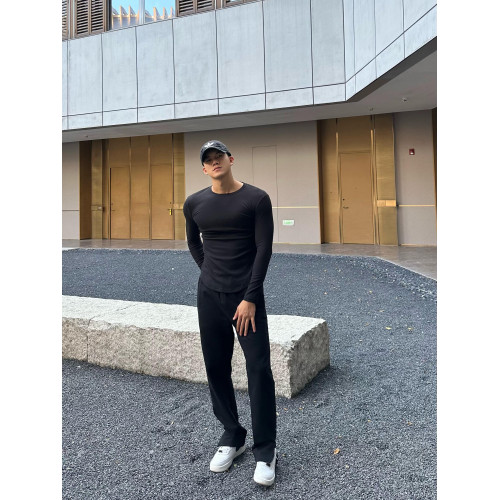 美式健身螺紋速乾t恤男弧形下擺開叉修身長袖體育訓練打底運動衫