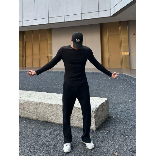 美式健身螺紋速乾t恤男弧形下擺開叉修身長袖體育訓練打底運動衫