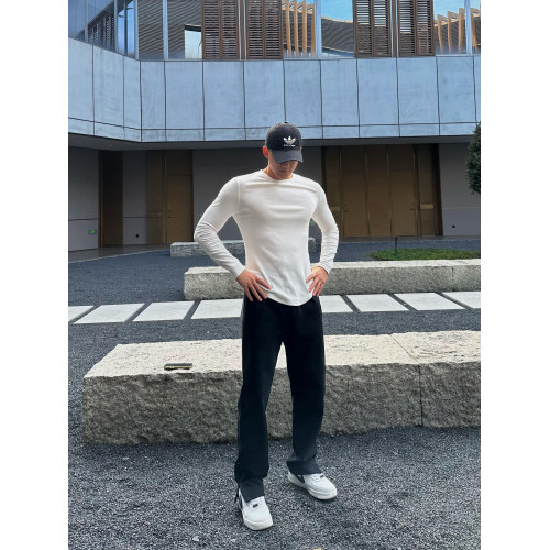 美式健身螺紋速乾t恤男弧形下擺開叉修身長袖體育訓練打底運動衫