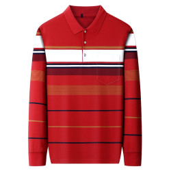 加肥加大碼長袖條紋t恤中年男士爸爸裝胖子翻領有口袋秋裝打底衫