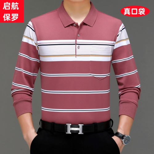 加肥加大碼長袖條紋t恤中年男士爸爸裝胖子翻領有口袋秋裝打底衫