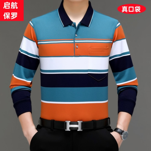 加肥加大碼長袖條紋t恤中年男士爸爸裝胖子翻領有口袋秋裝打底衫