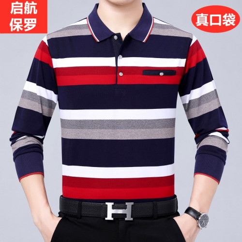 加肥加大碼長袖條紋t恤中年男士爸爸裝胖子翻領有口袋秋裝打底衫
