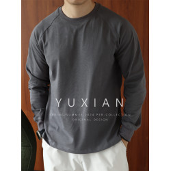 YUXIAN美式重磅300克純棉雙紗長袖插肩袖T恤純色圓領男士春夏四季