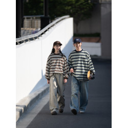 BELLKENIDEA 經典復古百搭條紋衫長袖寬松T恤男女情侶裝潮流行