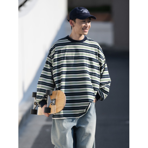 BELLKENIDEA 經典復古百搭條紋衫長袖寬松T恤男女情侶裝潮流行