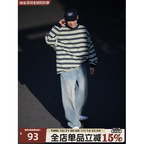 BELLKENIDEA 經典復古百搭條紋衫長袖寬松T恤男女情侶裝潮流行