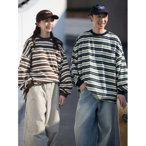 BELLKENIDEA 經典復古百搭條紋衫長袖寬松T恤男女情侶裝潮流行