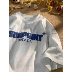 重磅純棉美式復古字母白花灰短袖T恤男生夏季潮流潮牌寬松上衣服