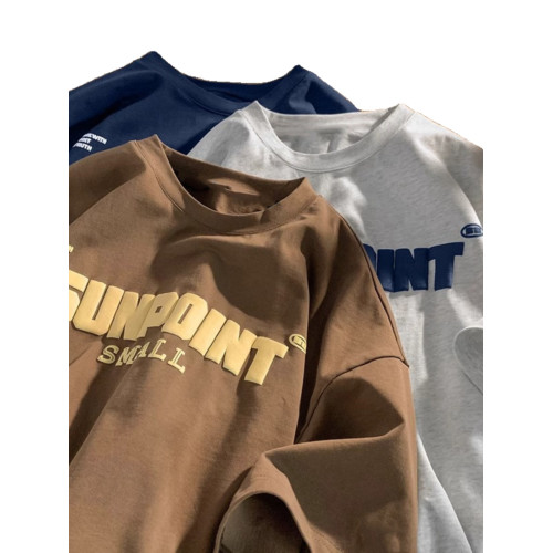 重磅純棉美式復古字母白花灰短袖T恤男生夏季潮流潮牌寬松上衣服 重磅純棉美式復古字母白花灰短袖T恤男生夏季潮流潮牌寬松上衣服