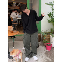 高級感華夫格亨利領竪條紋長袖T恤男春秋季韓版休閒寬松純色體恤