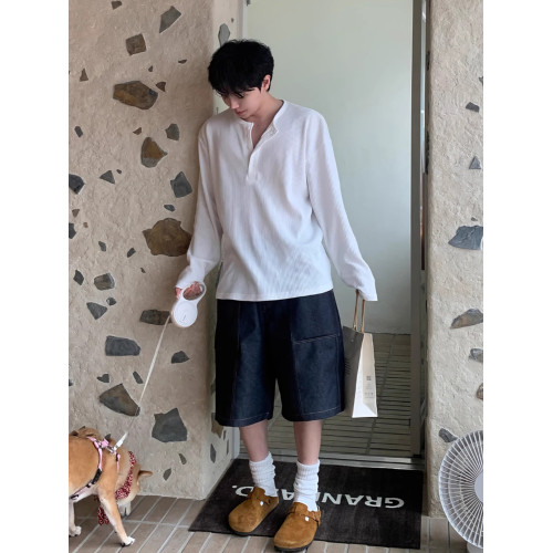 高級感華夫格亨利領竪條紋長袖T恤男春秋季韓版休閒寬松純色體恤