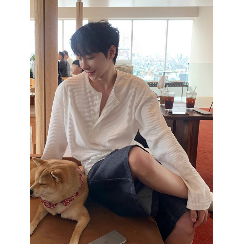 高級感華夫格亨利領竪條紋長袖T恤男春秋季韓版休閒寬松純色體恤