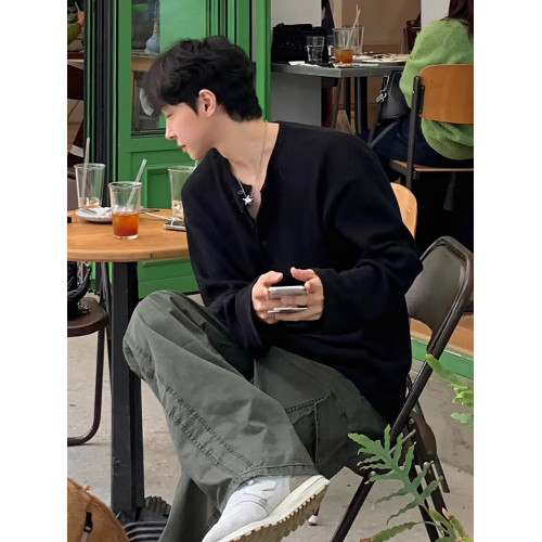 高級感華夫格亨利領竪條紋長袖T恤男春秋季韓版休閒寬松純色體恤