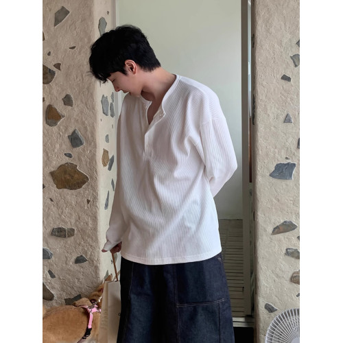 高級感華夫格亨利領竪條紋長袖T恤男春秋季韓版休閒寬松純色體恤