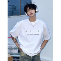 SHAKEYU重磅字母壓花短袖T恤男寬松上衣潮牌美式高街夏季半袖情侶