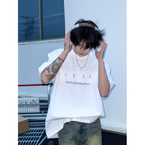 SHAKEYU重磅字母壓花短袖T恤男寬松上衣潮牌美式高街夏季半袖情侶