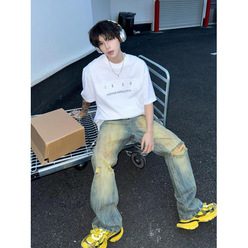 SHAKEYU重磅字母壓花短袖T恤男寬松上衣潮牌美式高街夏季半袖情侶