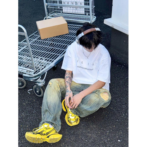 SHAKEYU重磅字母壓花短袖T恤男寬松上衣潮牌美式高街夏季半袖情侶