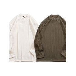 山本風復古純色褶皺肌理t恤ins男女中性風半高領長袖寬松內搭潮