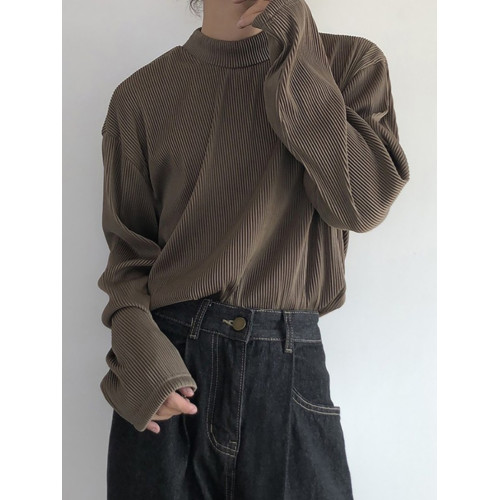 山本風復古純色褶皺肌理t恤ins男女中性風半高領長袖寬松內搭潮 山本風復古純色褶皺肌理t恤ins男女中性風半高領長袖寬松內搭潮