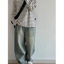 慵懶中性風黑白條紋t恤ins男女潮寬松長袖上衣經典打底海魂衫