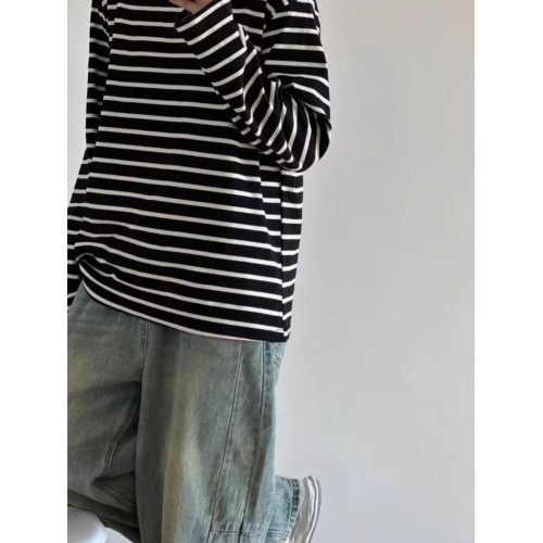 慵懶中性風黑白條紋t恤ins男女潮寬松長袖上衣經典打底海魂衫