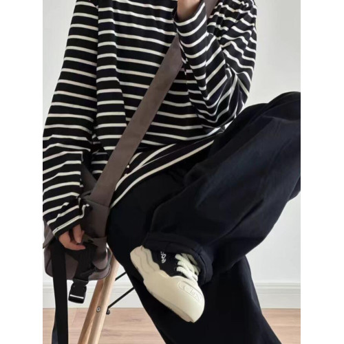 慵懶中性風黑白條紋t恤ins男女潮寬松長袖上衣經典打底海魂衫