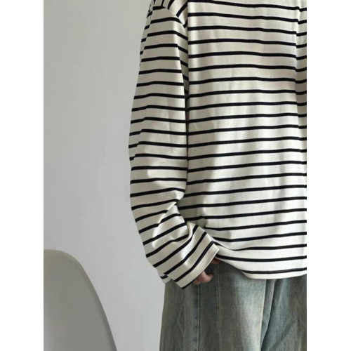 慵懶中性風黑白條紋t恤ins男女潮寬松長袖上衣經典打底海魂衫