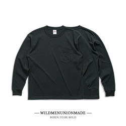 300g 美式復古重磅厚實純棉圓領長袖口袋T恤OVERSIZE落肩寬松男款